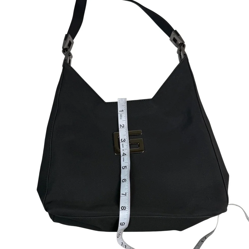 Unbranded‎ Black Nylon Hobo Shoulder Bag Gunmetal G Logo Plaque Adjustable Strap
